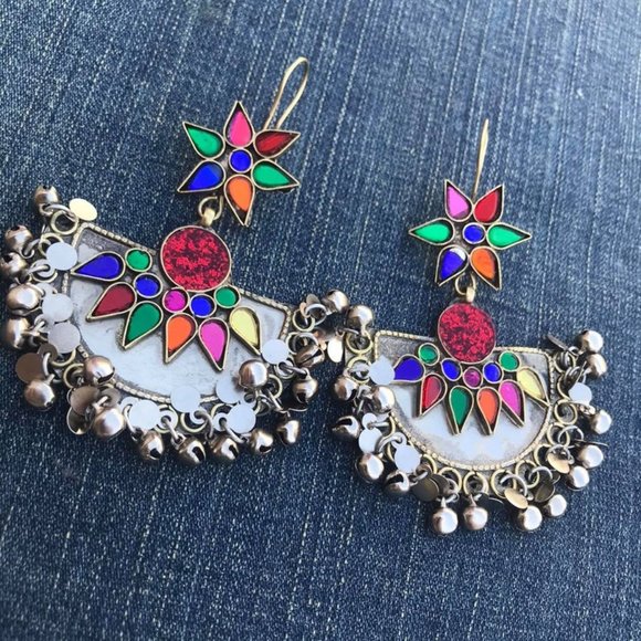 Multicolor Glass Stones Silver Earrings, Afghan Traditional Earrings - Picture 1 of 2